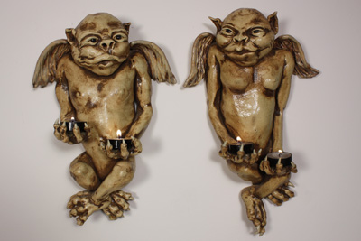 Jack and Jill - Figurative Clay Sculptures of Jack and Jill wall sconces by Mandy Stapleford
